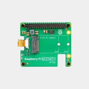 HAT+ M.2 vert pour Raspberry Pi 5, vu de dessus avec connecteur M Key et broches GPIO