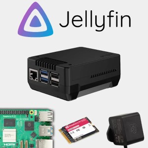 Kit Jellyfin Raspberry Pi 5 avec boîtier noir, carte, SSD NVMe et bloc d'alimentation