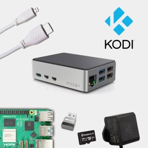 Kit Kodi Raspberry Pi 5 avec boîtier gris, câble USB-C, carte mémoire et alimentation