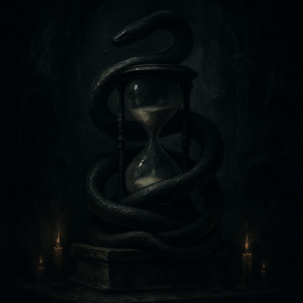 A large, coiled snake is wrapped around an hourglass in this painting of a highly shadowed stone room lit by candles. No o...