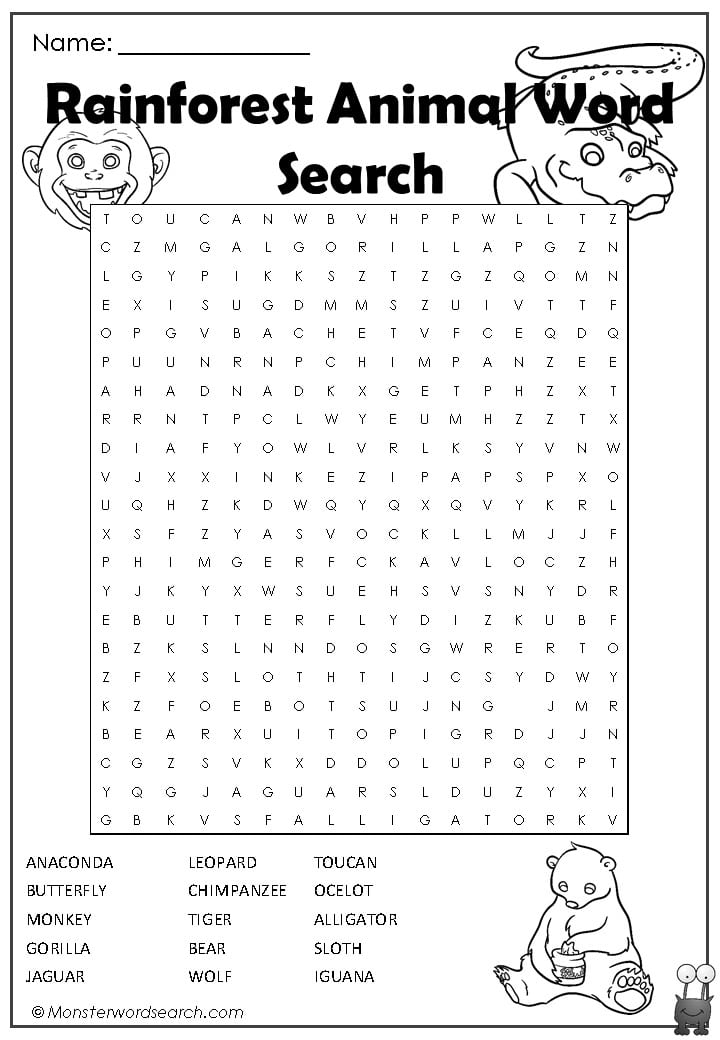 rainforest animal word search monster word search