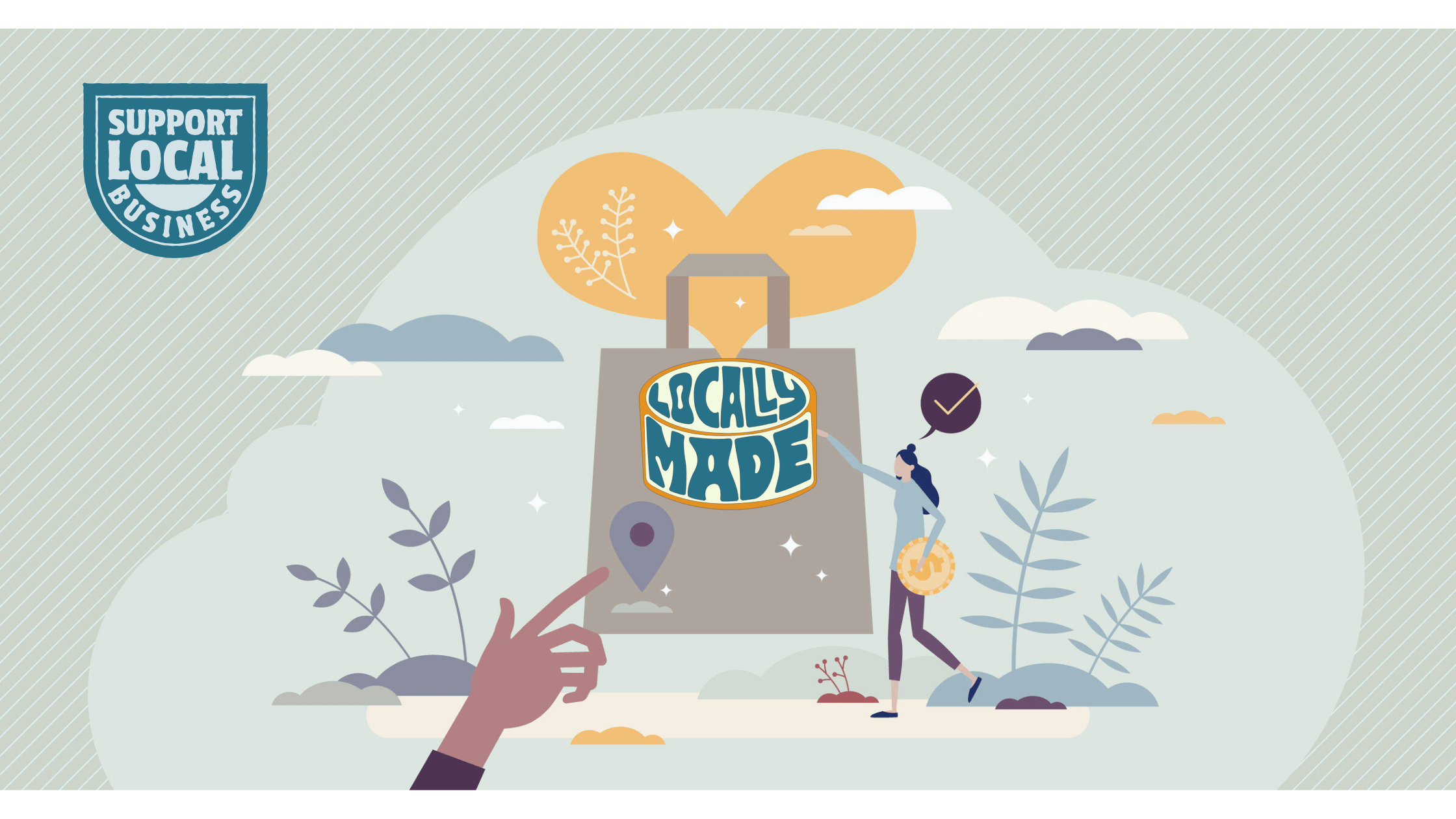 Shop local and support small business with your purchase tiny person concept. Market loyalty and sustainable product protection with organic grocery buying straight from farmer vector illustration.