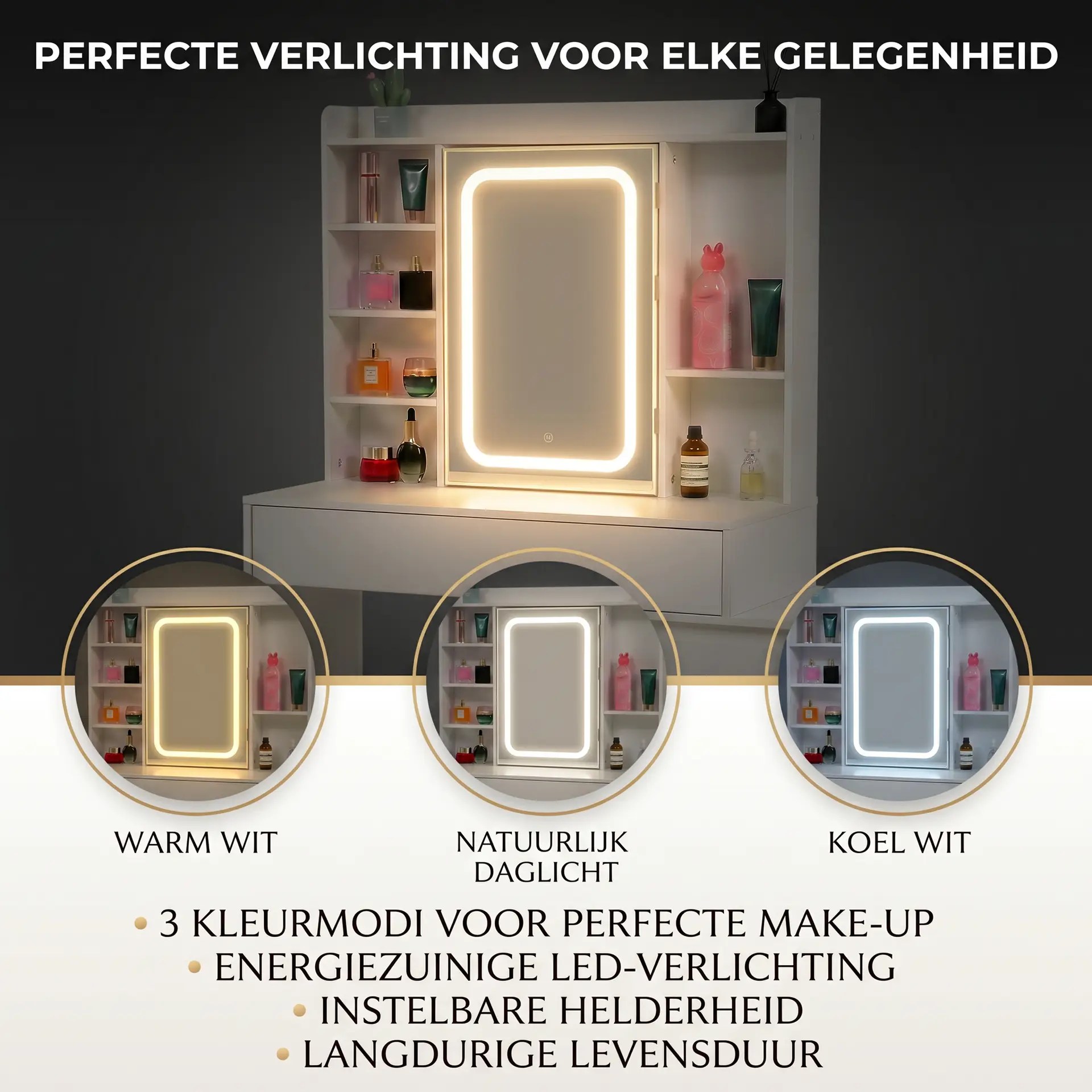 Monza Home Complete make up tafel met LED spiegel, kruk en laden in het wit - Kaptafel KPT521W01