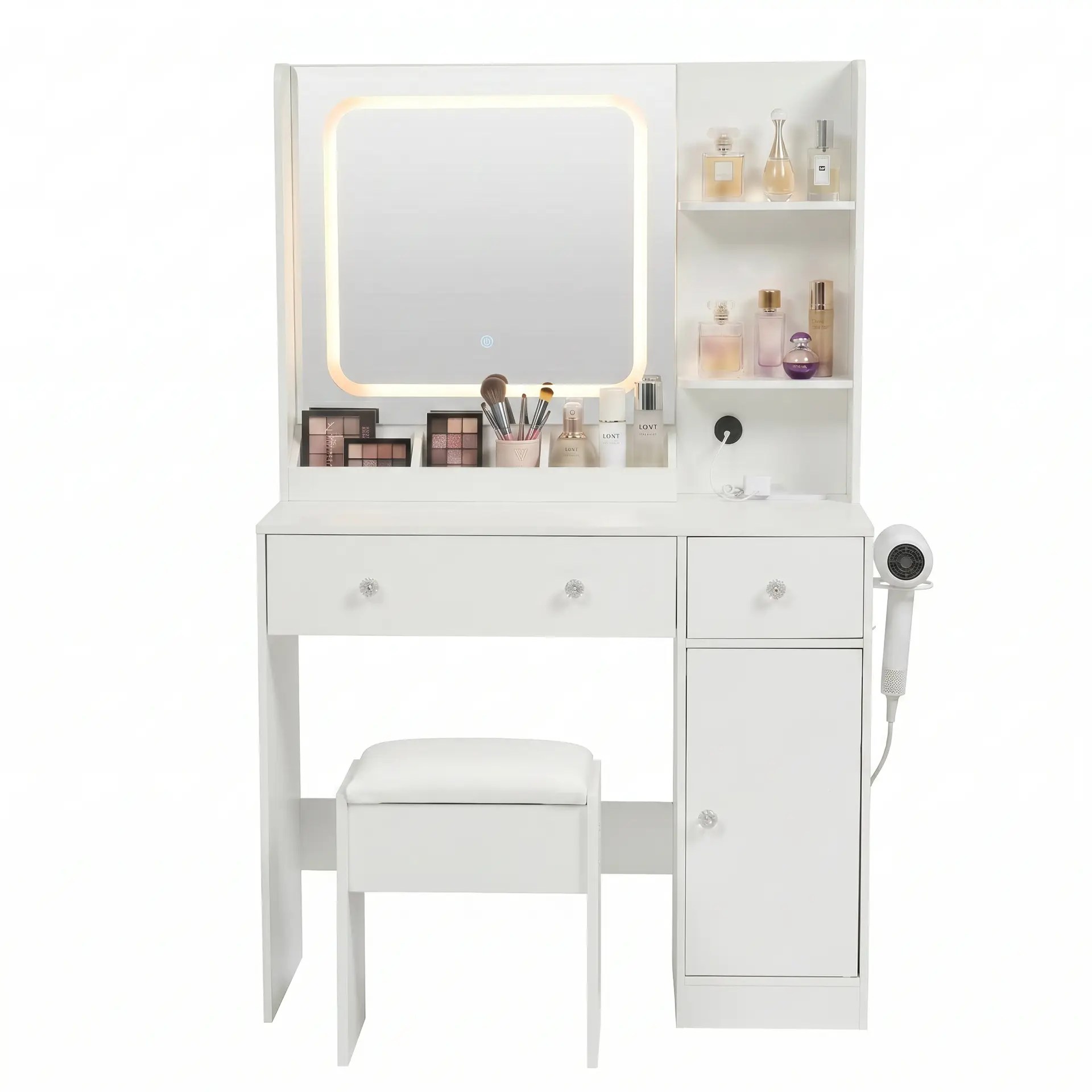 Witte kaptafel met LED spiegel, kruk en USB-poorten, make up tafel – Monza Home KPT966W01