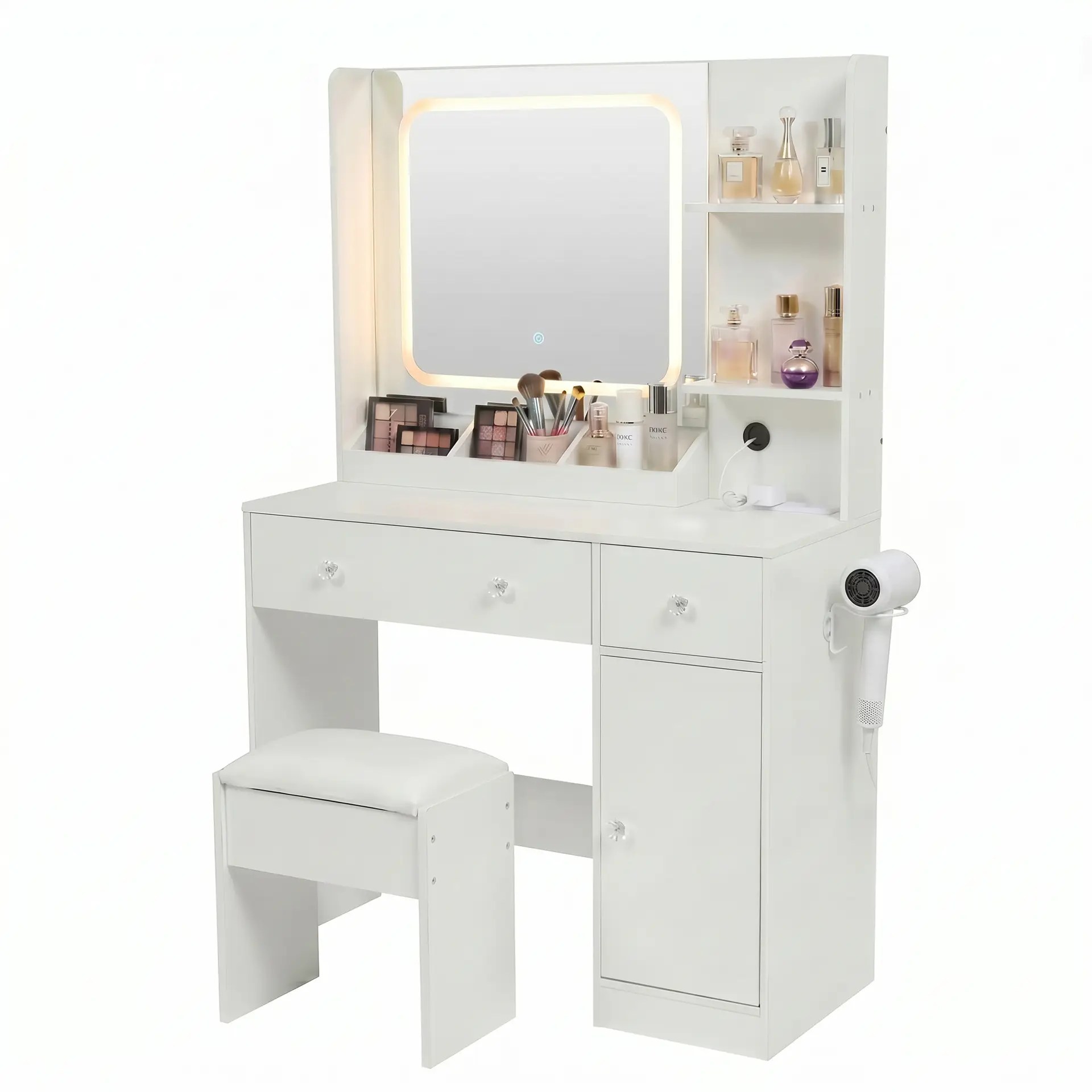 Witte kaptafel met LED spiegel, kruk en USB-poorten, make up tafel – Monza Home KPT966W01