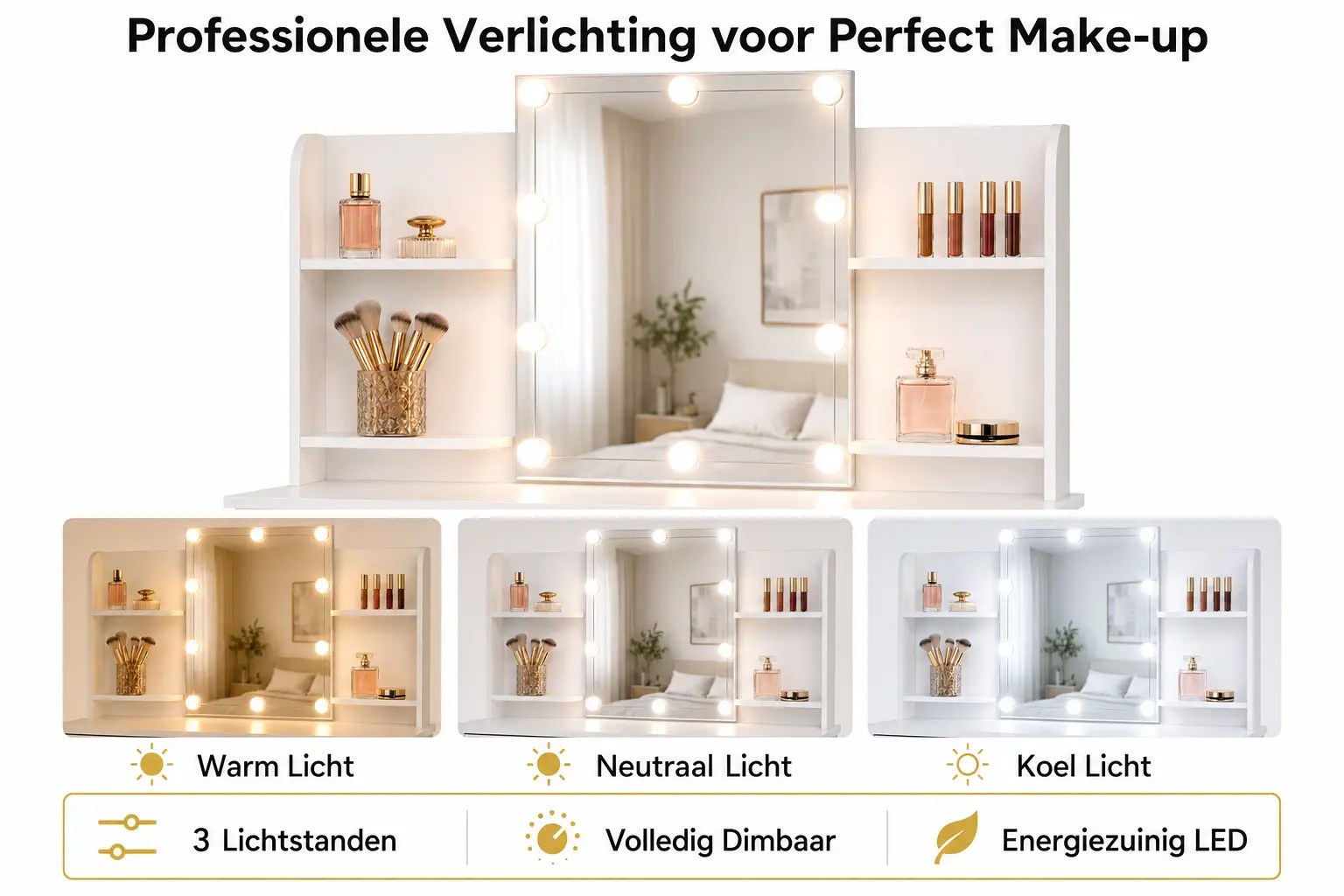 Monza Home Kaptafel - Make Up Tafel - Kaptafel met Spiegel en LED verlichting - KPT711W01