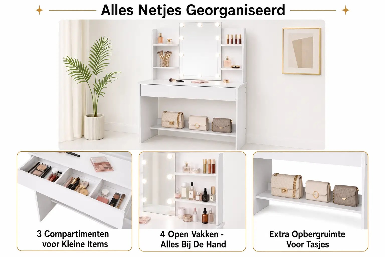 Monza Home Kaptafel - Make Up Tafel - Kaptafel met Spiegel en LED verlichting - KPT711W01