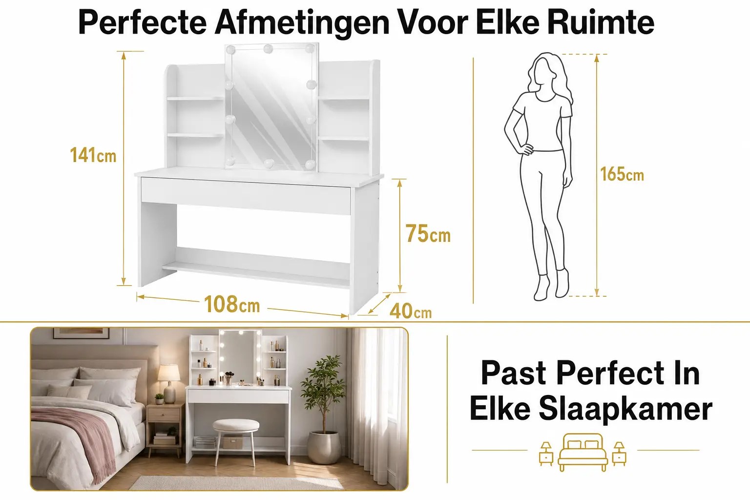 Monza Home Kaptafel - Make Up Tafel - Kaptafel met Spiegel en LED verlichting - KPT711W01