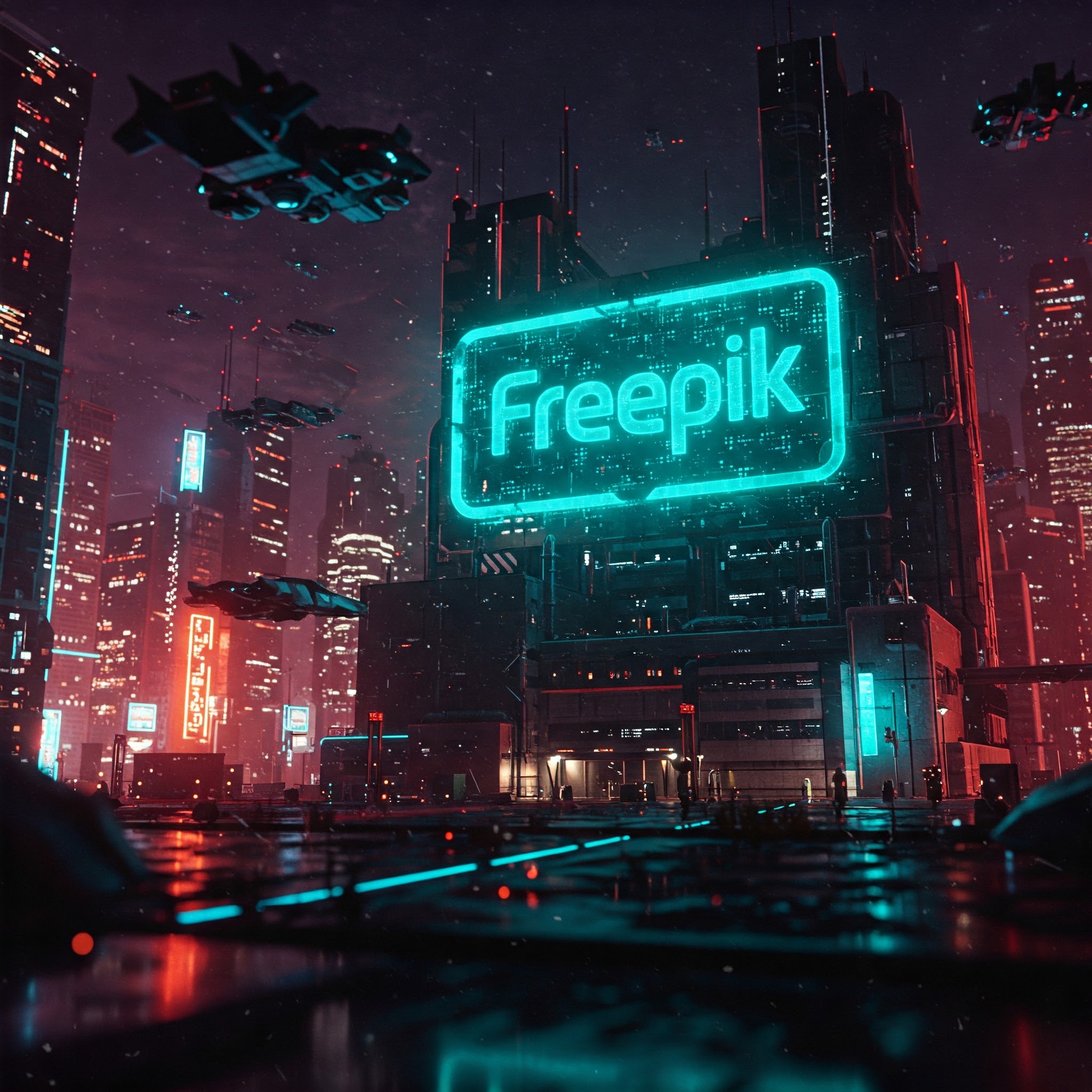 futuristic and high-tech, with a focus on a large, futuristic building with a glowing sign that says "Freepik" on it