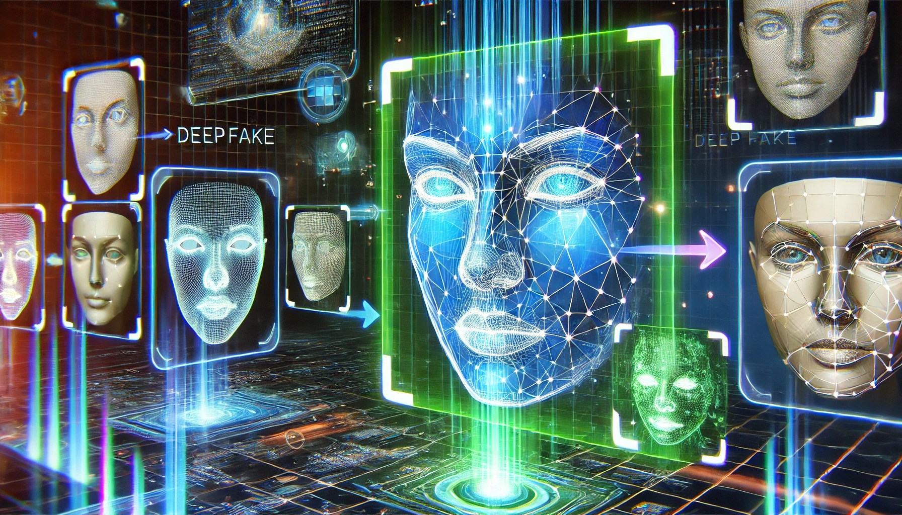 ディープフェイクの見分け方を示す未来的なAI技術のイラスト
