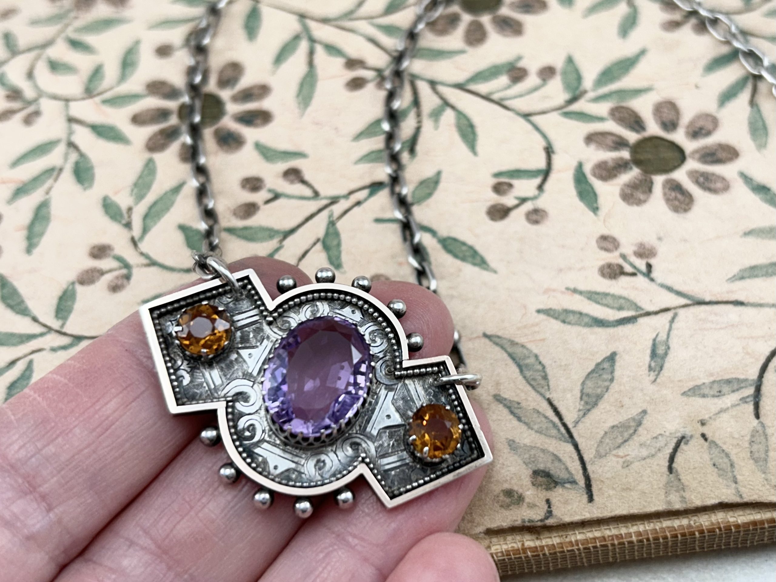 Antique Amethyst Citrine Bow Necklace