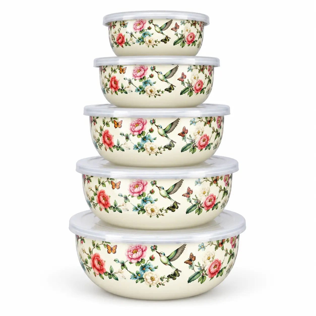 MOONLU Five-Piece Round-Bottom Enamel Bowl Set on a white background