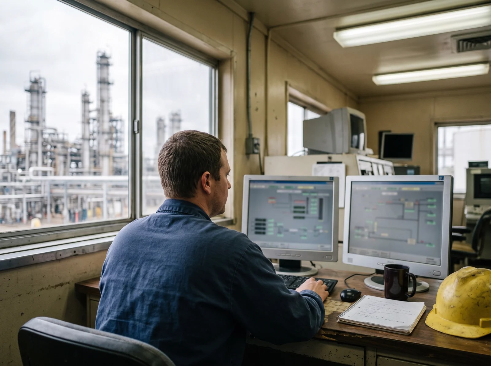 An engineer at a desk in a plant control room reviewing process screens and utilizing it services.