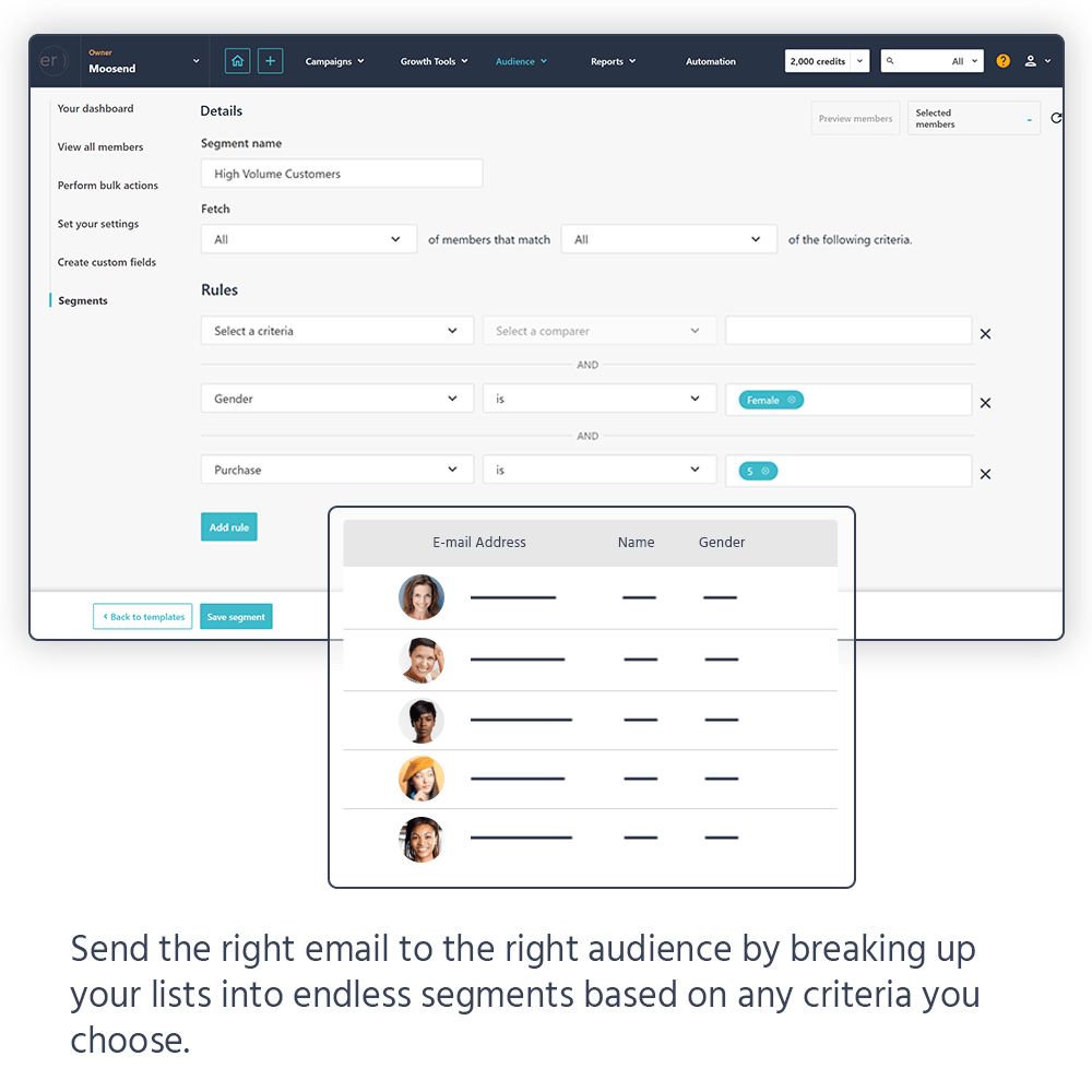 Moosend audience segmentation screen with rules and customer filters