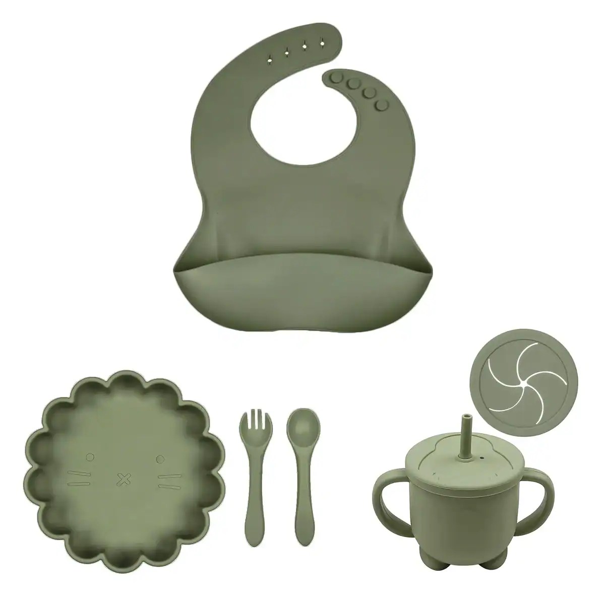 Set: Plato León + Babero y vaso antiderrame / taza snacks personalizables + cubiertos