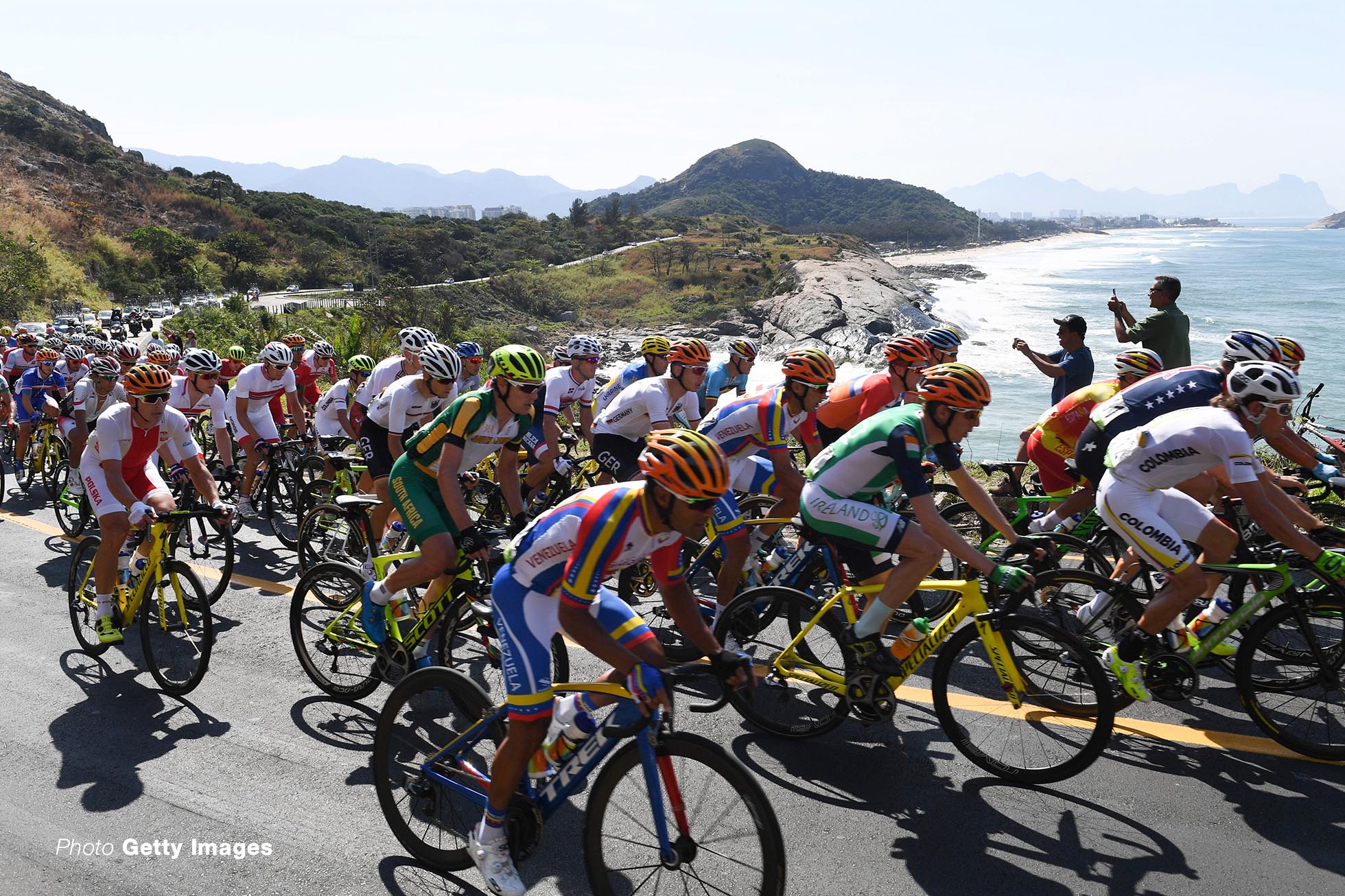 The peloton is on the way in the Men???s Road Race of the Cycling Road event during the Rio 2016 Olympic Games at Fort Copacabana, Rio de Janeiro, Brazil on 06 Aug 2016. Photo: Sebastian Kahnert/dpa | usage worldwide (Photo by Sebastian Kahnert/picture alliance via Getty Images)