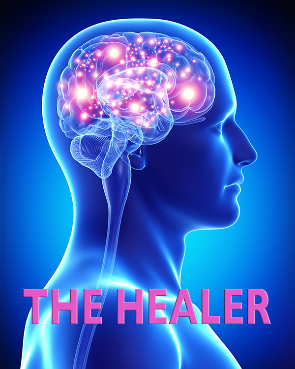 Cover of Mort Herman's "The Healer" depicting stylized image of human brain in profile