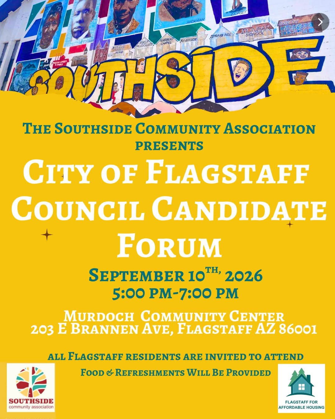Sept. 10 — Southside Community Association presents “City of Flagstaff Council Candidate Forum” at the Murdoch Community Center