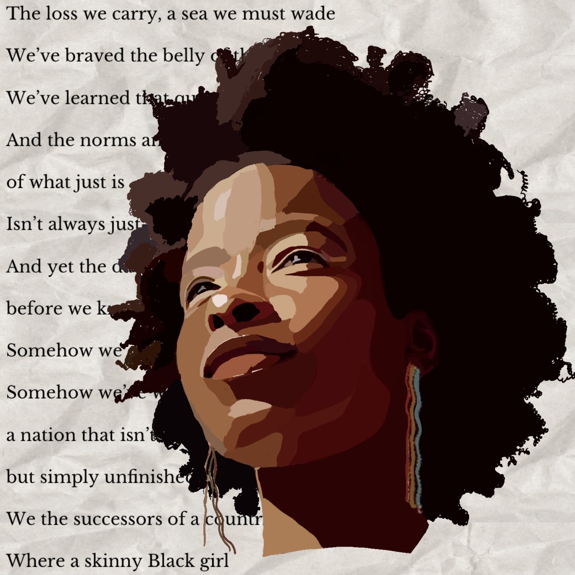 Poet Amanda Gorman is depicted in a pop-art style surrounded by words from one of her poems.