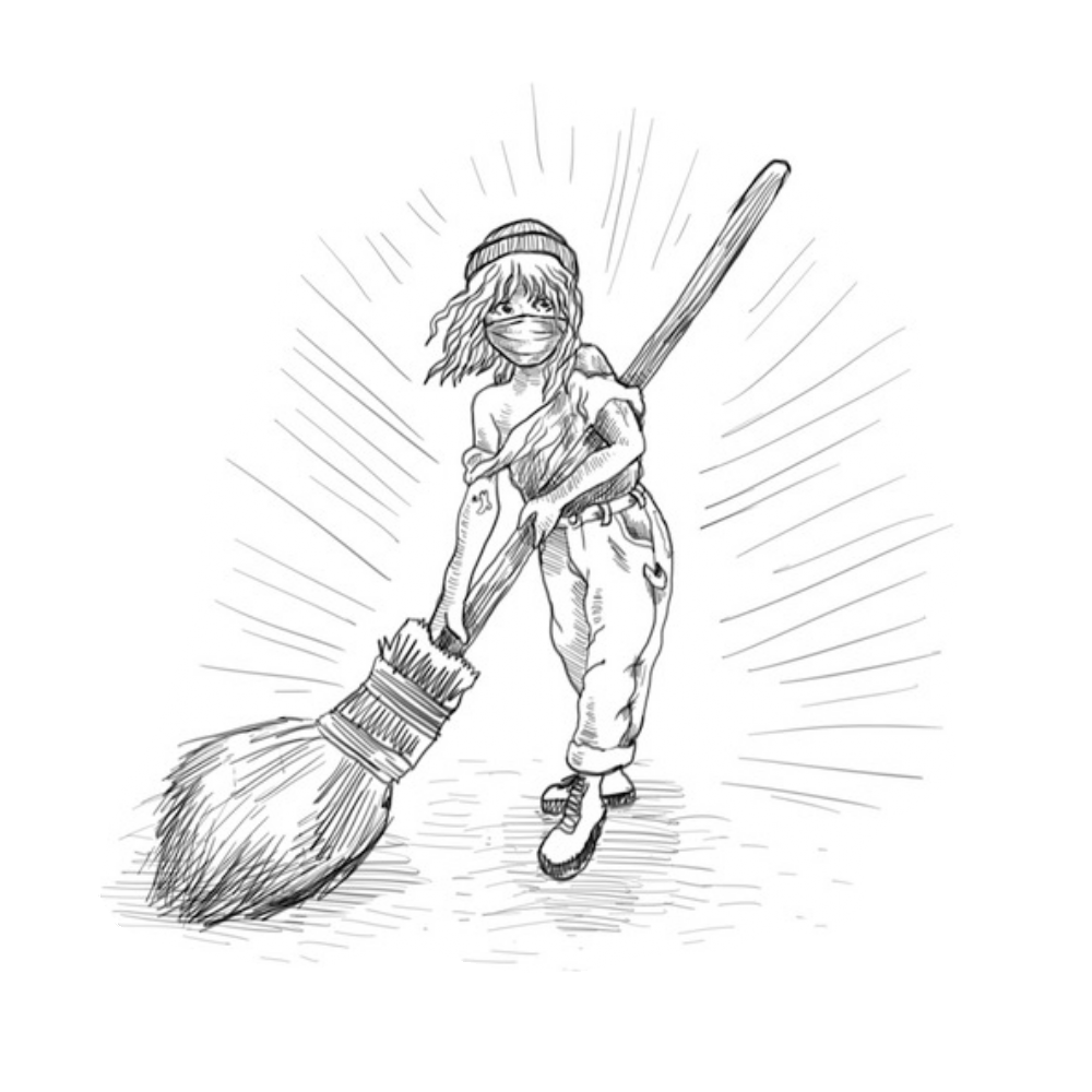 PNW stylized Cosette sweeps while wearing a face mask.