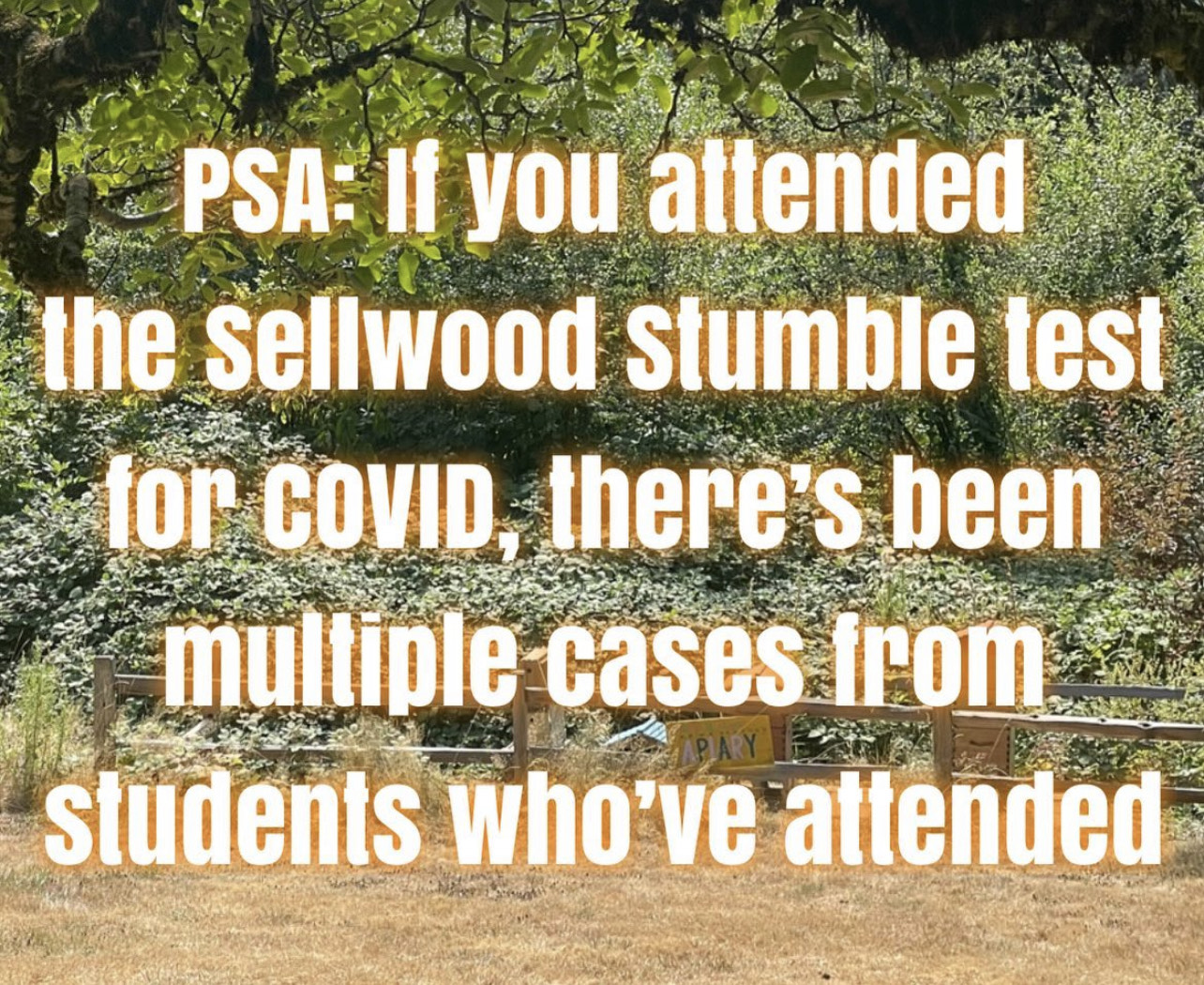 The words "PSA: If you attended the Sellwood Stumble test for COVID, there's been multiple cases from students who've attended" on a background of trees and grass.