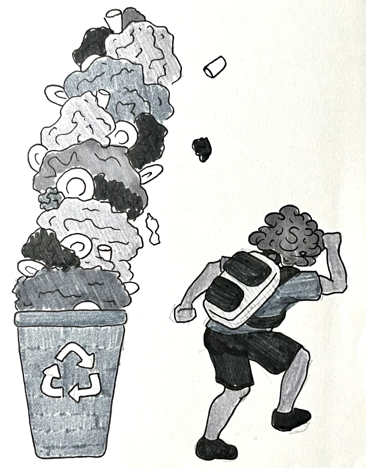 Illustration of a tower of garbage over a trash can, tipping over onto a fleeing student.