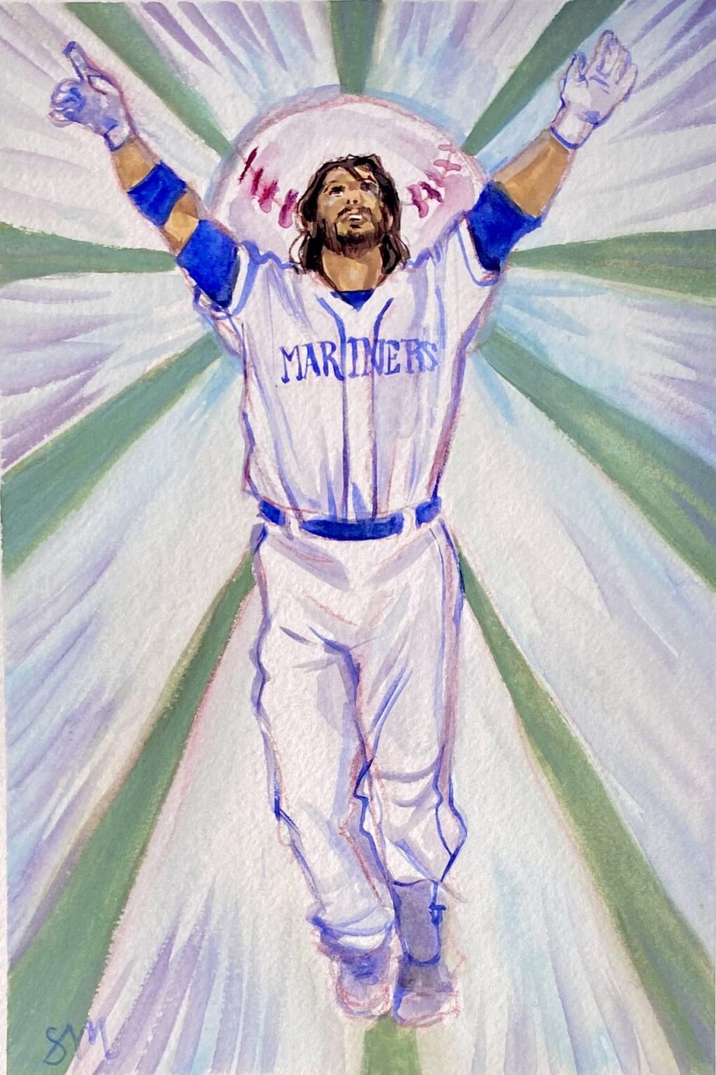 Illustration of Mariners player with arms in the air.