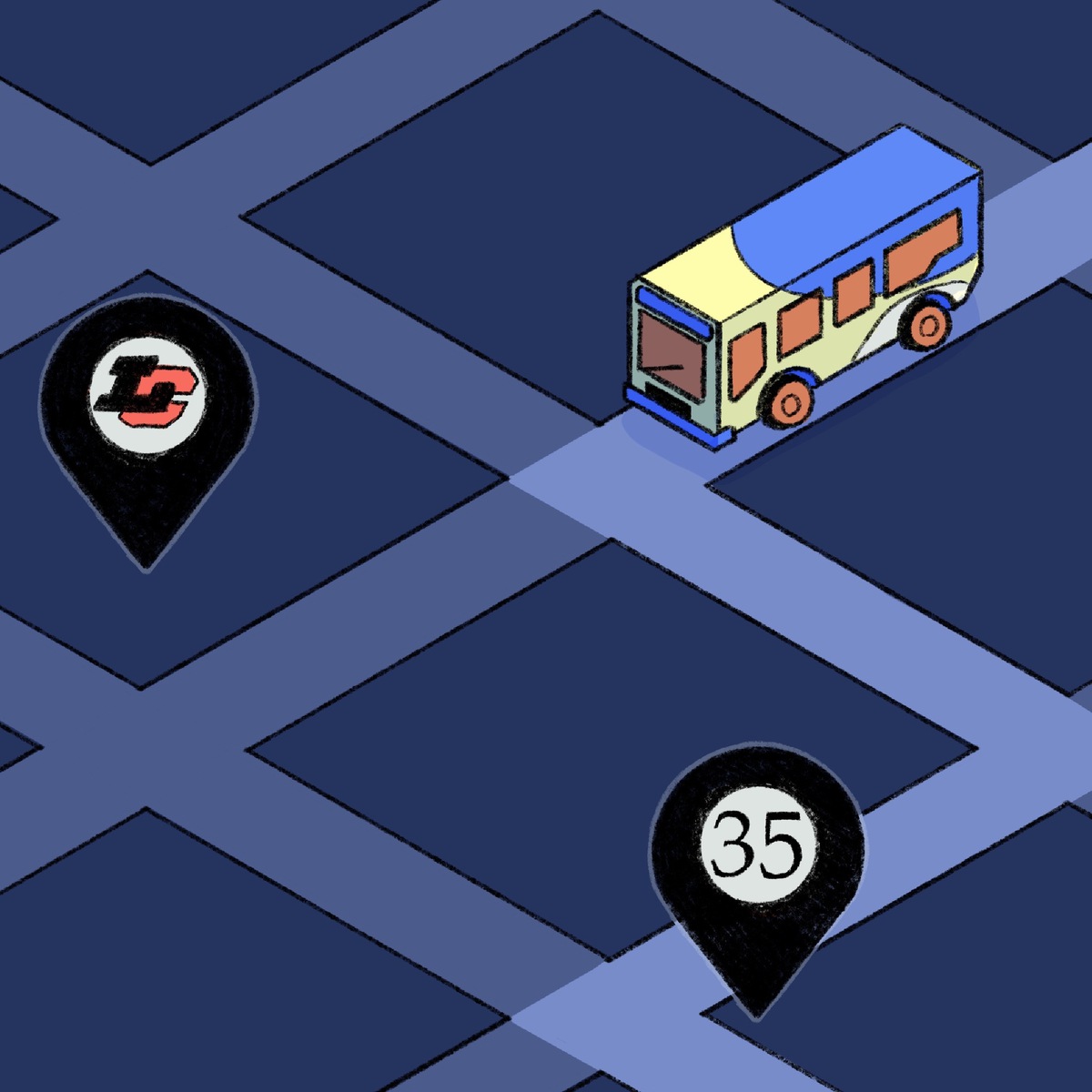 Illustration of Trimet bus navigating grid of streets