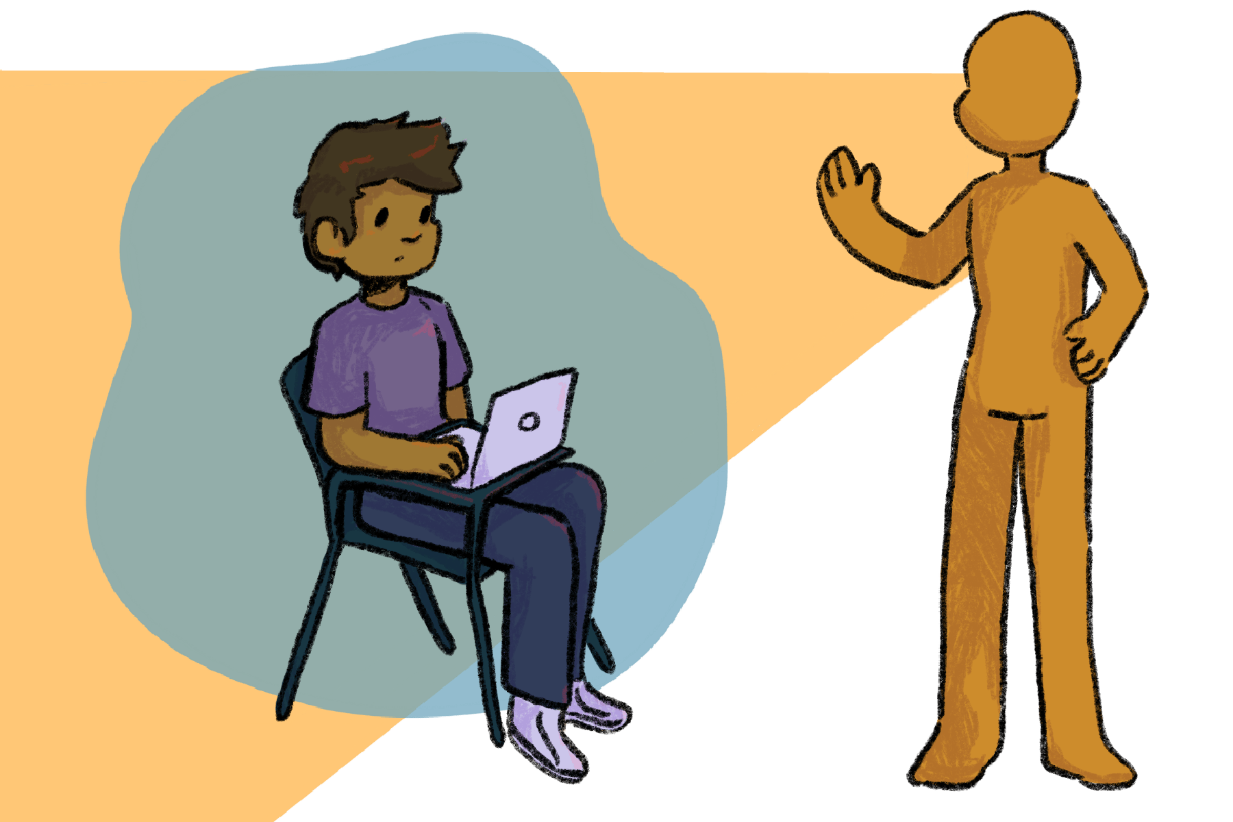 Illustration of a person on their laptop and an instructor in front of them