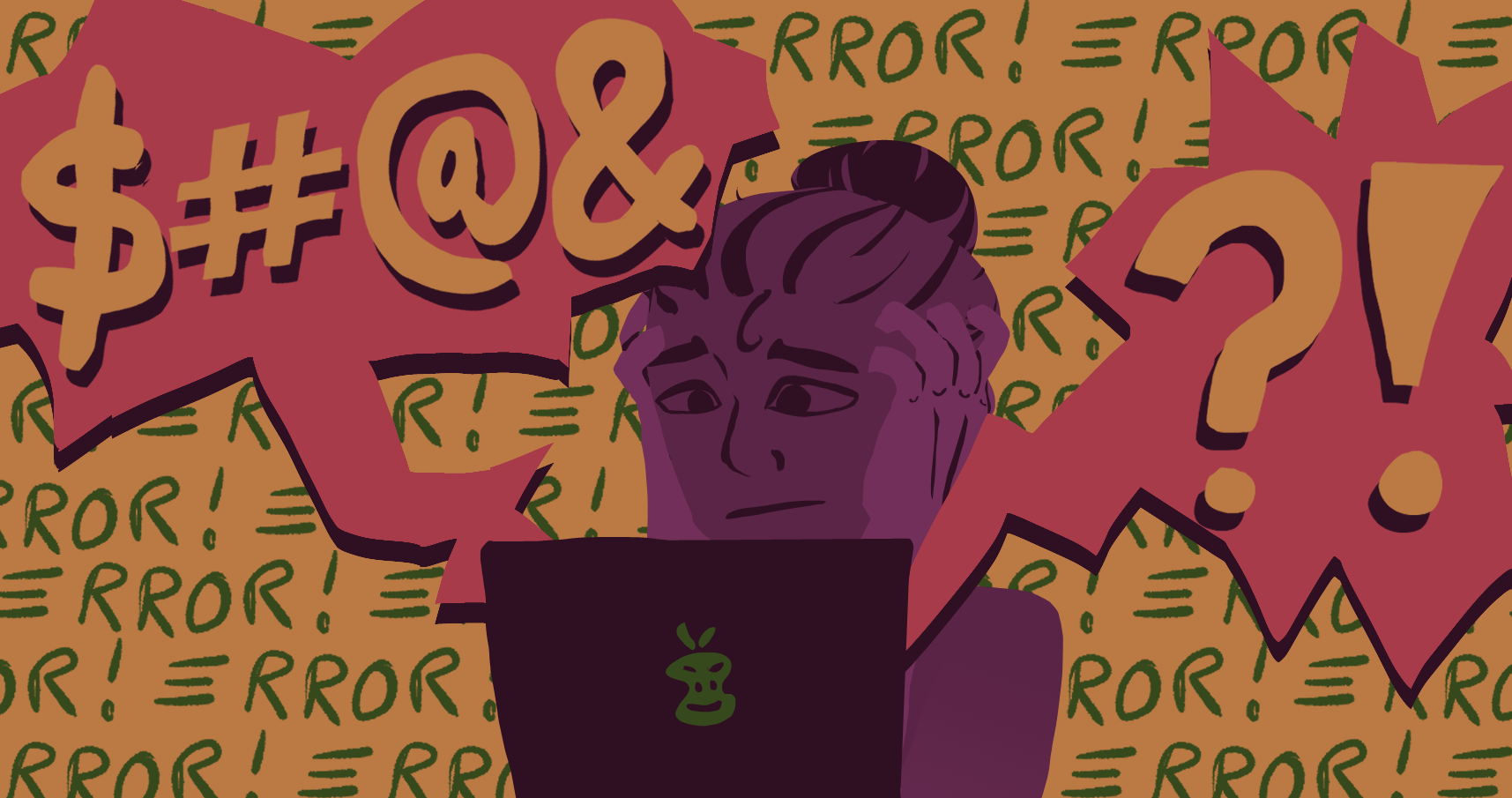 Illustration of person in front of computer with error writing everywhere