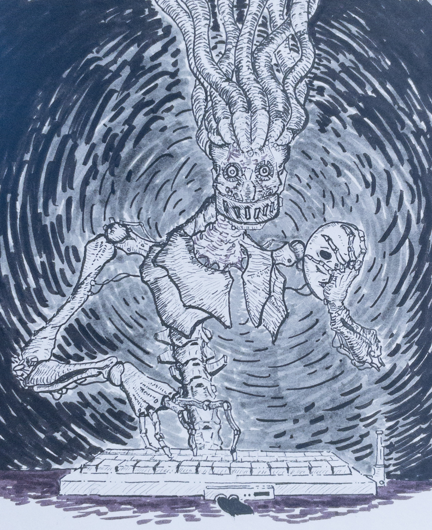 Illustration of a computer-like monster with a keyboard in front of it
