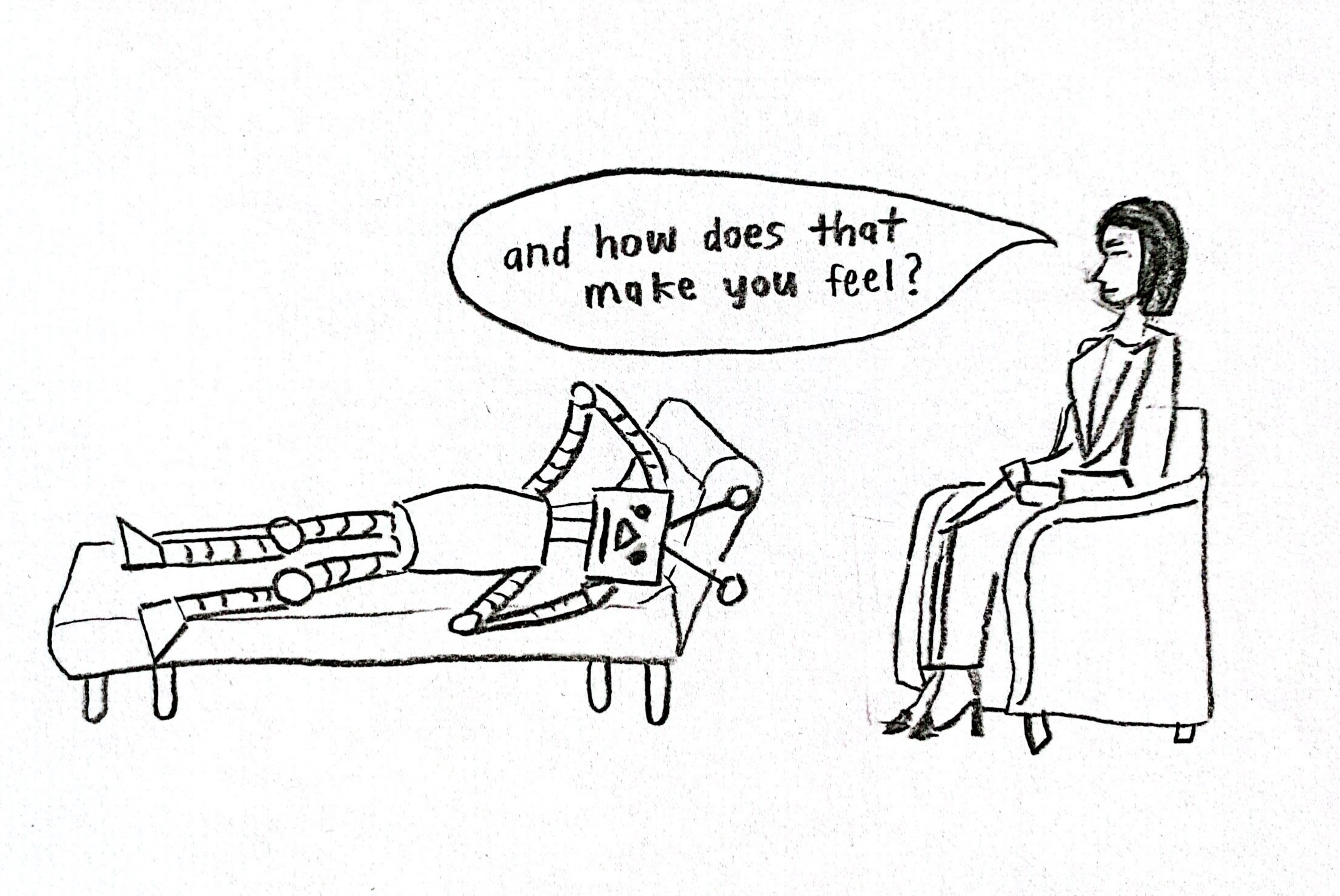 Cartoon of a robot talking to a human therapist