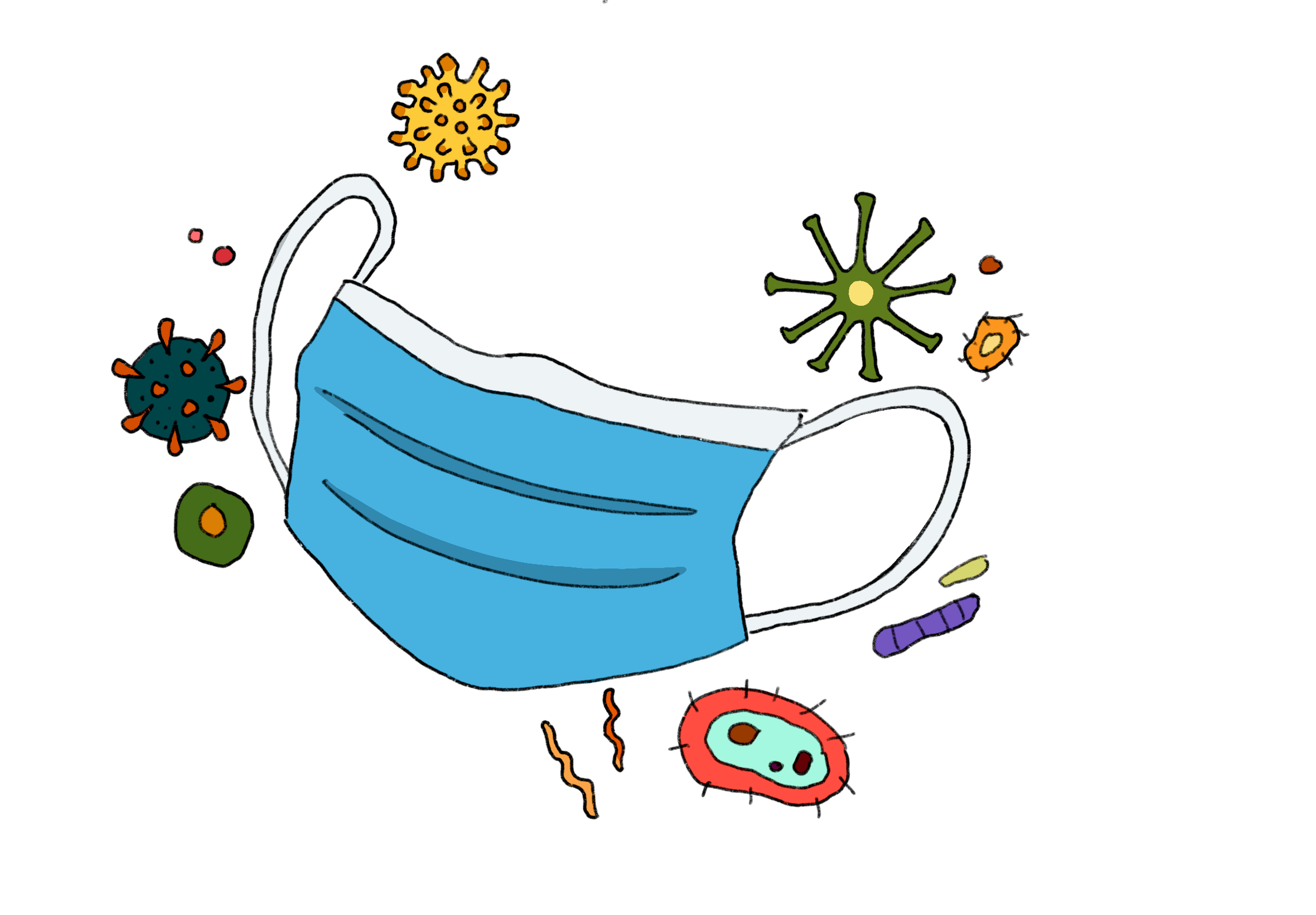 Illustration of a mask surrounded by little viruses