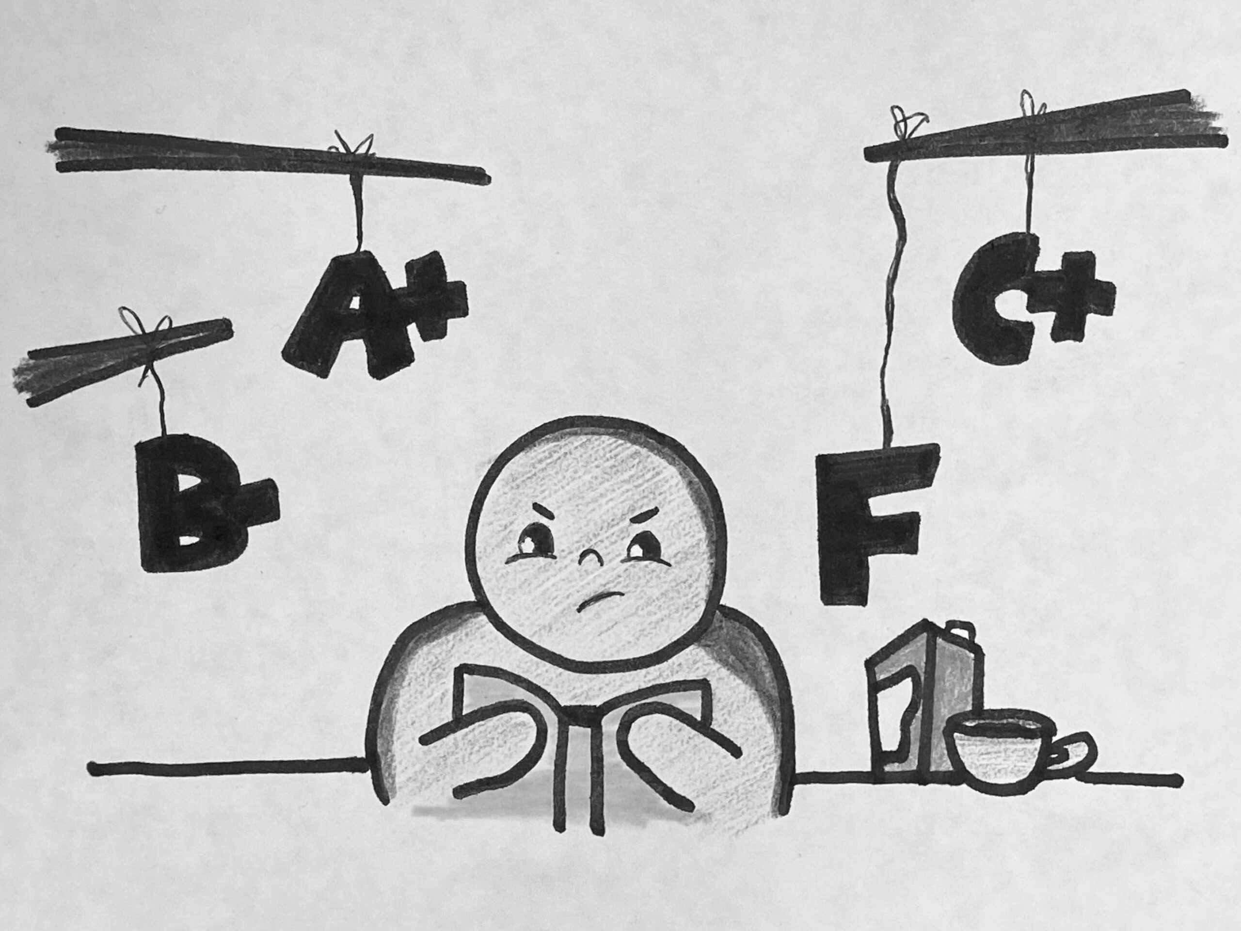 an illustration of a human figure being frustrated surrounded by floating grades