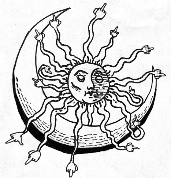 Illustration of McMenamin's sun logo, but every ray ends in a middle finger
