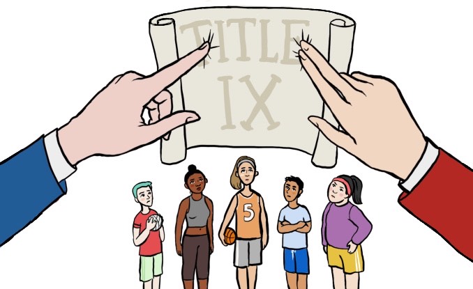 Illustration of two hands pointing at paper stating "title IX" with people underneath