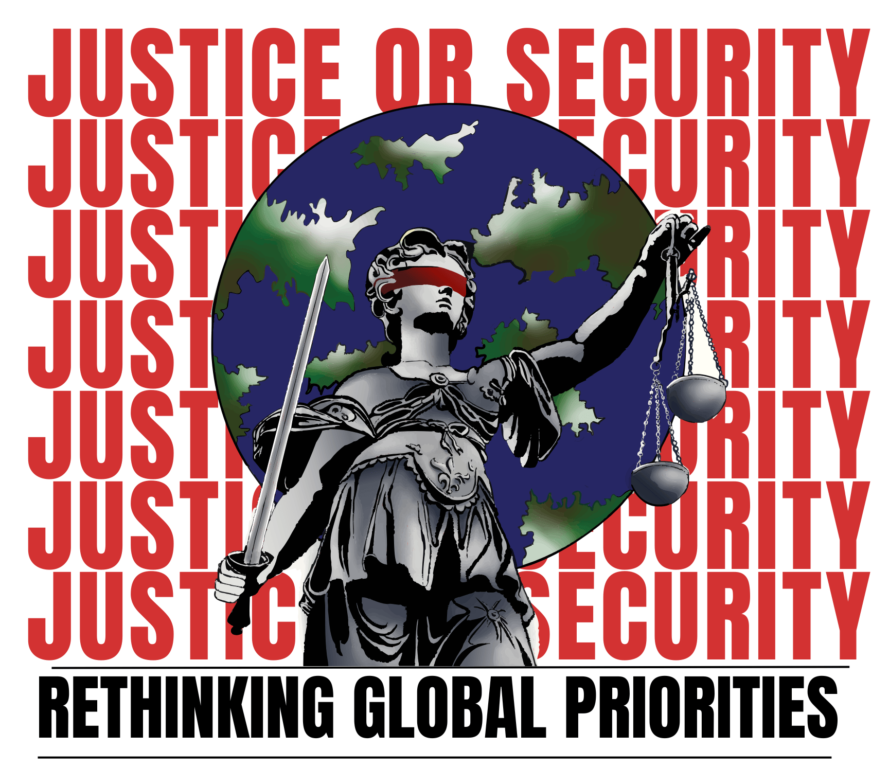 Drawing of lady justice, a woman with a blindfold holding scales and a sword, infront of a globe