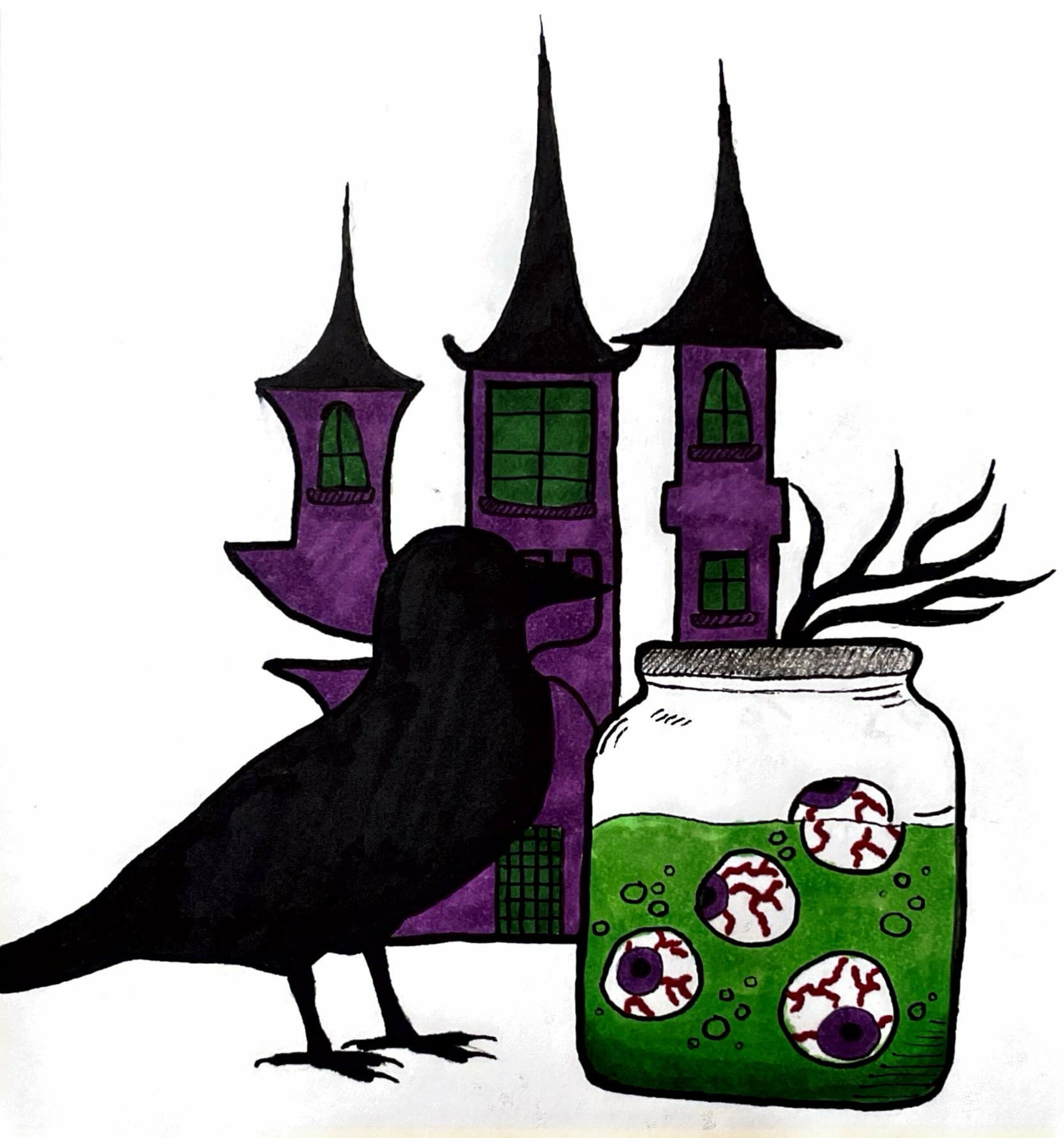 A crow, a jar of eyeballs, and a gothic-style castle.