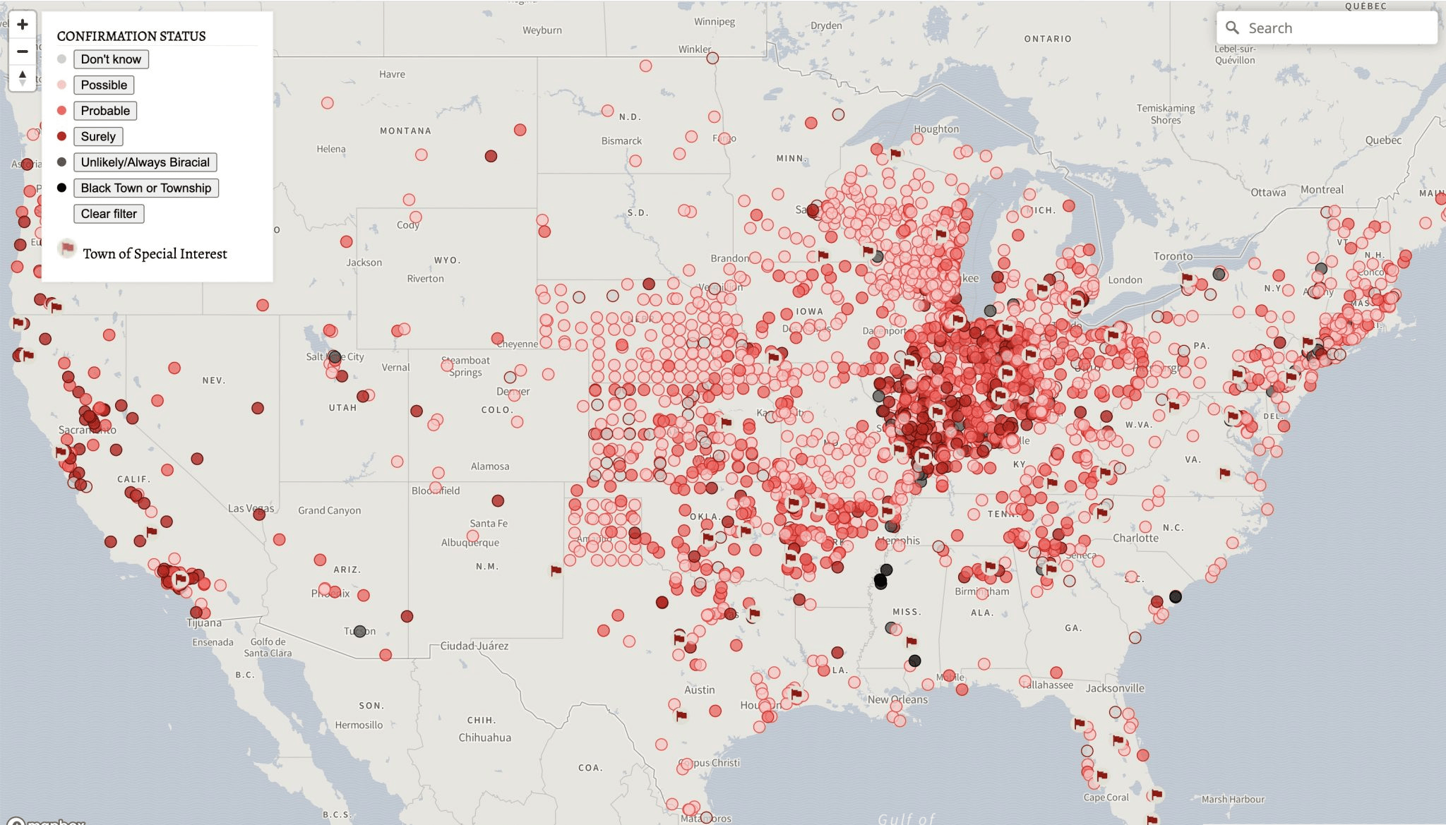 Map showing sundown towns across the U.S.
