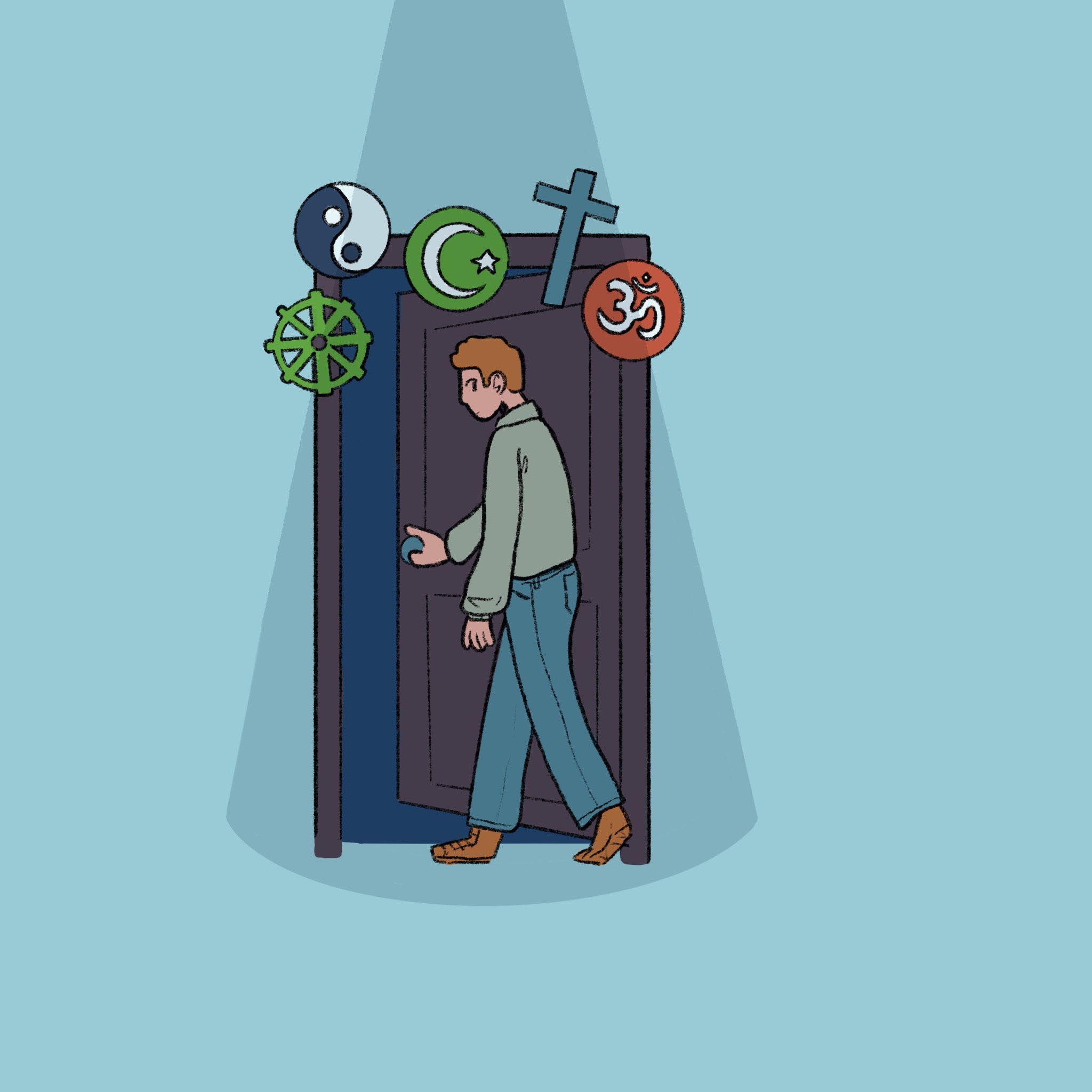 Person walking out of door with religious symbols floating around the door
