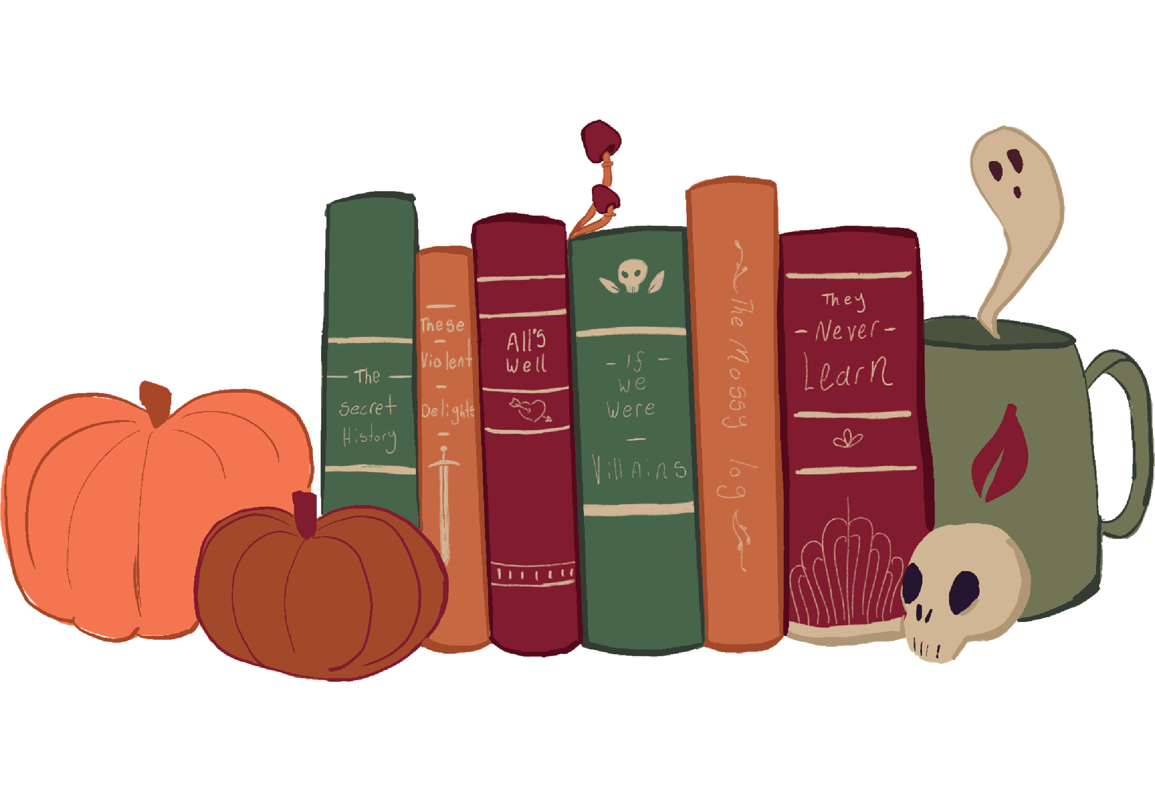 A few books on a shelf with a pumpkin and mug with skull shaped steam coming from it