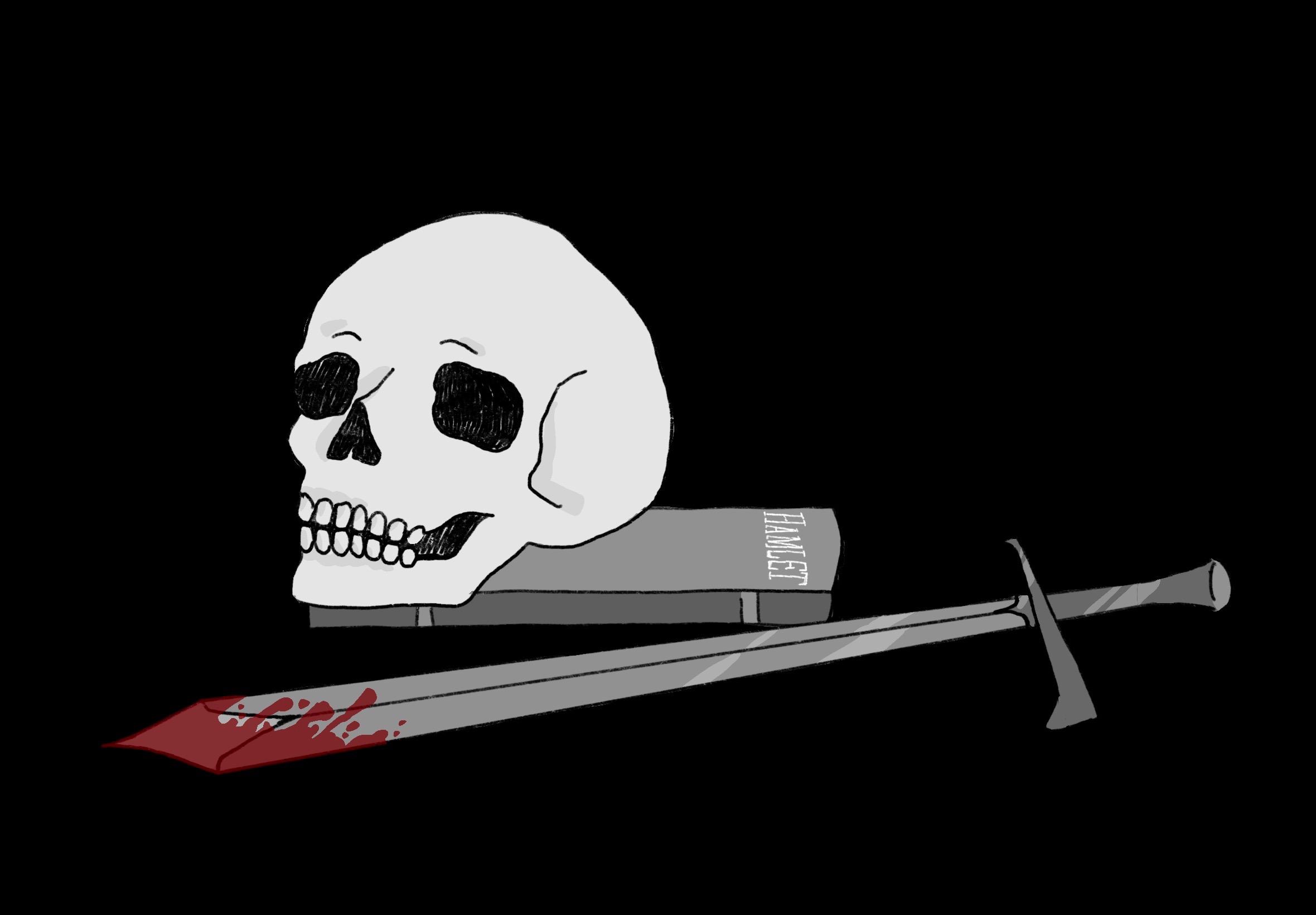 Skull on top of copy of "Hamlet" next to a bloody sword