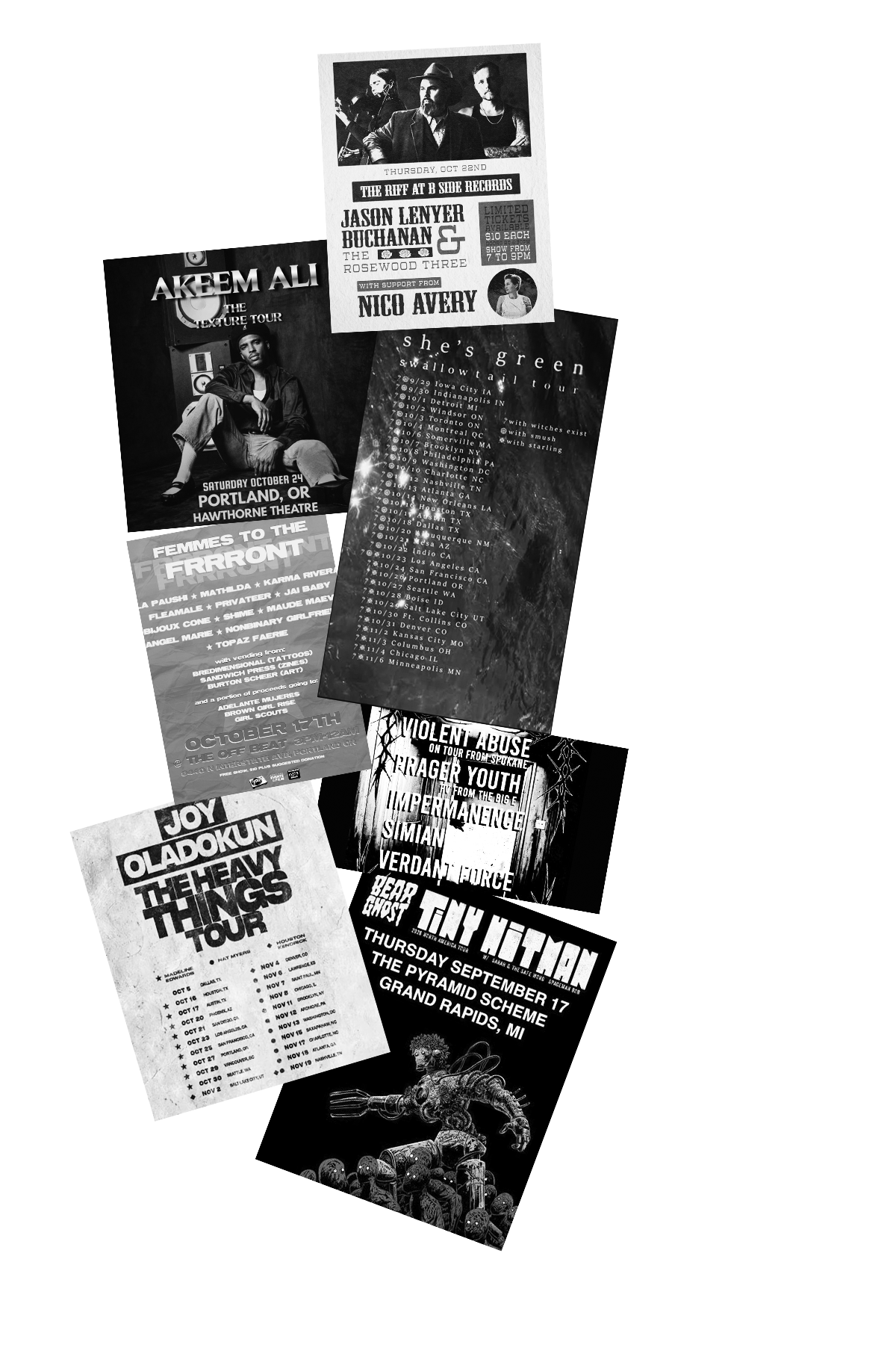 Assortment of tour posters, displaying one from each featured artist.