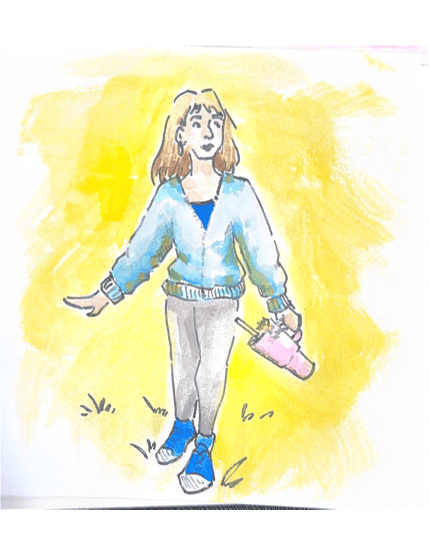 Traditional drawing of a feminine presenting person with long brunette hair, silver hoop earrings, a light blue zip-up jacket, grey sweatpants, and blue sneakers holding a pink Stanley cup while walking in the grass.