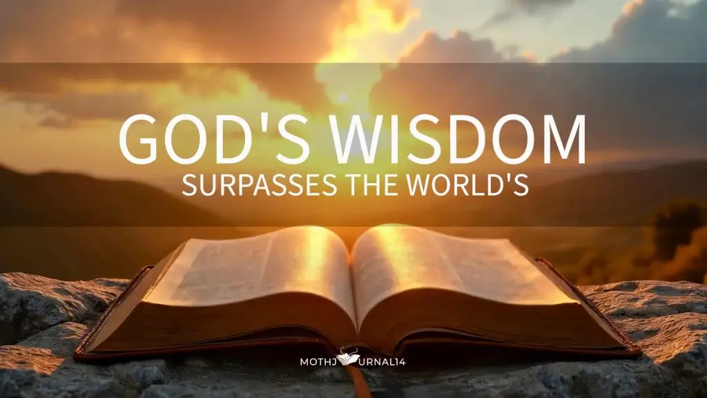 Image of an open Bible in the foreground with a mountain sunrise landscape in the distance with post title: God's Wisdom Surpasses the World's.