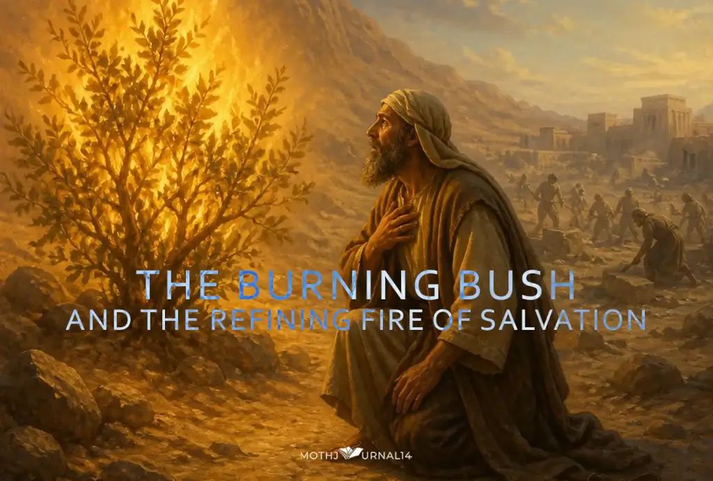 Image of Moses before the burning bush with post title: The Burning Bush and the Refining Fire of Salvation