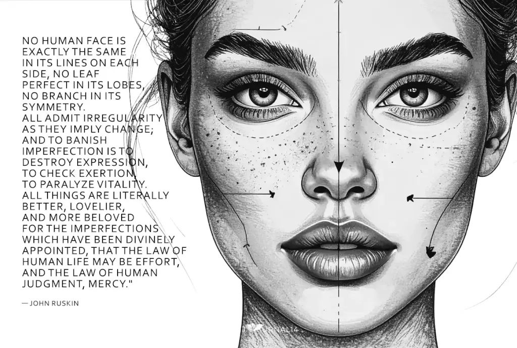 Drawing of a woman's face with measurement lines showing symmetry with quote from John Ruskin about the beauty of imperfection.