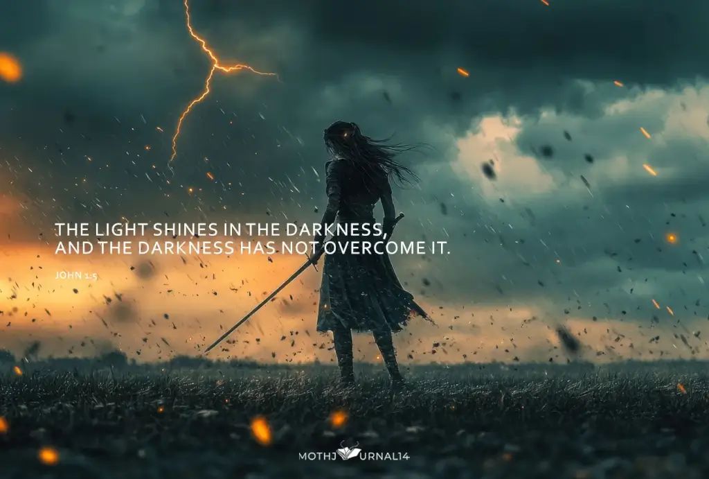 Image of a woman standing in the darkness of a storm with verse from John 1:5.