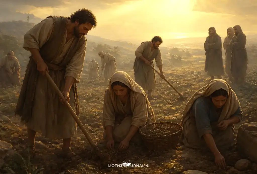 Image of men and women working in a field to plant and tend illustrating sowing and reaping the steadfast love of God. Image from https://bible.art/p/uAGe7SYCSp9J7JPH4UAB/1-timothy-4-10
