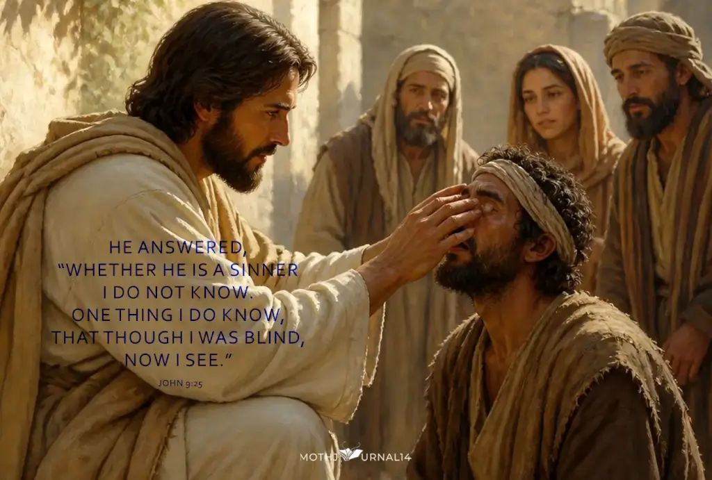 Image of Jesus healing a blind man with the verse from John 9:25 about amazing grace and sight.